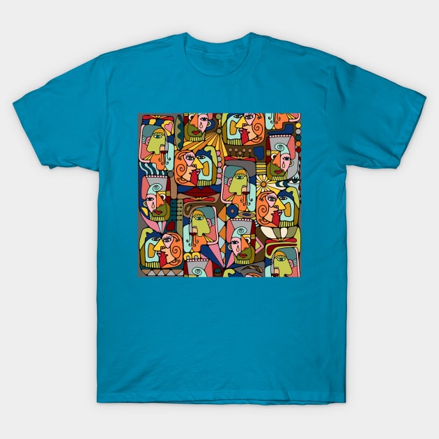 Cubist Picasso Style Faces In Mid Century Modern Colors T-Shirt by Slightly Unhinged